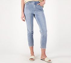 A little bit of trim on the hem gives these pull-on crop jeans a playful finish. From Isaac Mizrahi Live!TM Lace Pants, Knit Denim, Pull On Jeans, Petite Pants, Isaac Mizrahi, Petite Jeans, Crop Jeans, Knit Crop, Slim Legs