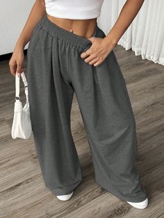 Women's Casual Solid Color Wide Leg Sweatpants Dark Grey    Fabric Plain Wide Leg Slight Stretch  Women Clothing, size features are:Bust: ,Length: ,Sleeve Length: Jogging Aesthetic, Fall Sweater Dress, Elastic Pants, Wide Leg Sweatpants, Leg Sleeves, Grey Fabric, Cropped Sweater, All Fashion, Womens Bottoms