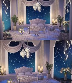 two pictures of a bedroom with blue walls and white furniture, one has a chandelier hanging from the ceiling