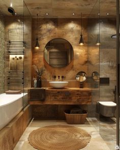 a bathroom with a sink, mirror and bathtub in the middle of it's walls