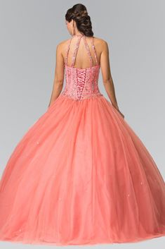 Look Princess perfect in this beaded halter tulle dress by Elizabeth K Style Number GL2348 during your Quinceanera party or for any formal event. This beautiful dress features a halter neckline, beaded bodice, tulle on lining ball gown A-line skirt, and a lace-up back. Colors: Blush Pink, Coral, Tiffany Fabric: Tulle Length: Hollow to Hem 60 Neckline: Halter Sleeve: Sleeveless Back: Corset, Open Prom Dresses Corset, Long Sleeve Satin Dress, White Dress Styles, Backless Dress Short, Red Quinceanera Dresses, Quince Dresses Red, Emerald Bridesmaid Dresses, Green Homecoming Dresses, Colorful Dresses Formal