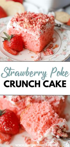 strawberry poke crunch cake on a plate with strawberries