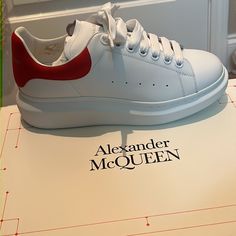 Leather Sneakers Sz 42 , Red And White Red High-top Sneakers With Contrasting Heel Counter, Red High-top Sneakers With Contrasting Heel, Designer Red Sneakers With Branded Heel Counter, Designer Red Sneakers With Branded Heel, White And Red Sneakers, Alexander Mcqueen Red, Shoes Alexander Mcqueen, Alexander Mcqueen White, Blue Tail