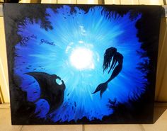 an acrylic painting of two dolphins swimming in the ocean with sun shining behind them