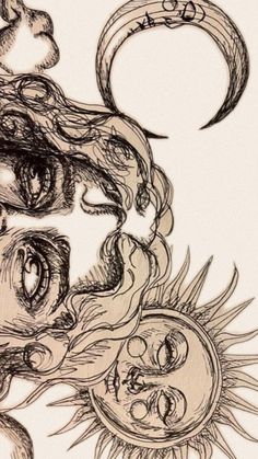 a drawing of a woman's face with the sun and moon in the background