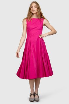 Organic Cotton Fit & Flare Dress - AGAATI Pink A-line Midi Dress With Pleated Waist, Cocktail Fit And Flare Dress With Box Pleat, Pleated Dresses With Fitted Bodice And Full Skirt, A-line Pleated Dress For Gala, Pink Fitted Dress With Flared Skirt, Spring A-line Dress With Pleated Back, Pleated A-line Fit And Flare Dress, Garden Party Pleated Fit And Flare Dress, Pleated Bodice Fit And Flare Tea Length Dress