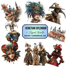 a collage of masks and costumes with the words venetian splendor