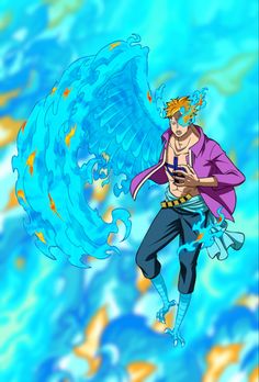 an anime character flying through the air while holding a cell phone in one hand and looking at his watch