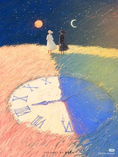 two people standing in front of a large clock on top of a hill at night