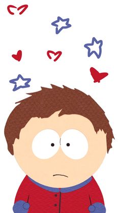 the south park character is surrounded by red, white and blue hearts as he stares at something