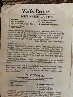 a recipe for waffles is shown on a piece of paper