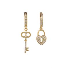 My Heart Is Yours Key & Heart Lock Gold Plated Diamond Earrings, a symbol of everlasting love and devotion. Crafted with precision from sterling silver and lavishly coated in 18k gold. Each earring features a unique design, with one adorned with a charming key and the other with a delicate heart lock, both intricately embellished with dazzling Cz diamonds. These earrings are not just accessories; they are tokens of love and commitment, making them perfect for everyday wear. Whether you're runnin Key Heart, My Heart Is Yours, Heart Lock, Friendship Jewelry, Lock And Key, Everlasting Love, Cz Diamond, Polish Jewelry, Independent Designers Fashion