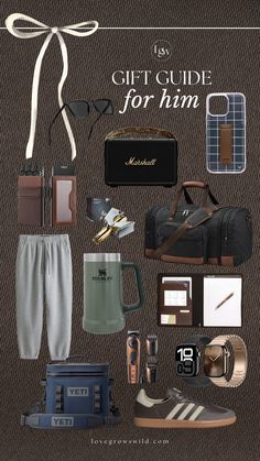 the gift guide for him is laid out on a brown background