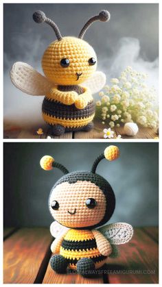 crocheted bee sitting on top of a wooden table next to the same photo