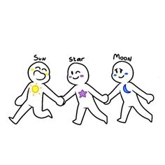 three people holding hands with the words sun, moon and stars