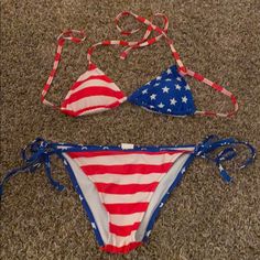 Brand New, Never Worn. Tag Says Large But It’s More Like An American Medium. String Bikini Red American Flag Print Swimwear For Beach, American Swimsuit, American Flag Swimsuit Bikinis, Patriotic Red Swimwear With American Flag Print, Vintage Americana Swimsuit, American Flag Print Blue Swimwear, Americana Aesthetic, String Bikinis, Lady In Red