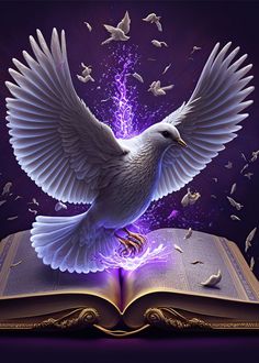 an open book with white doves flying out of it and purple light shining in the background