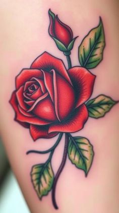 a red rose with green leaves on it's side tattoo by the artist in progress