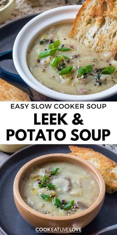 two pictures with different types of soup in them and the words, easy slow cooker soup