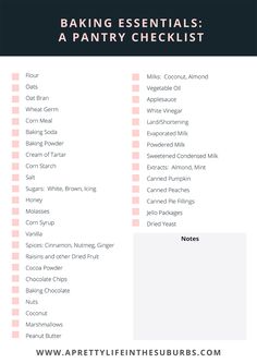 baking essentials pantry checklist with the words baking essentials in pink and black