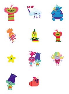 an assortment of colorful cartoon characters on a white background with the words help written below them