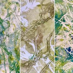 three different paintings with green and white paint