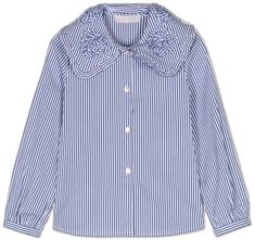 Spring Cotton Blouse With Fold Down Collar, Blue Cotton Blouse With Ruffled Collar, Blue Cotton Tops With Ruffled Collar, Spring Tops With Peter Pan Collar And Button Cuffs, Spring Tops With Striped Fold Down Collar, Spring Tops With Button Cuffs And Peter Pan Collar, Preppy Top With Striped Collar For Spring, White Shirt With Striped Cuffs For Spring, Spring Daywear Tops With Striped Cuffs