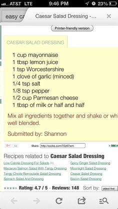 an iphone screen showing the recipe list for caesar salad dressing, which includes ingredients and instructions