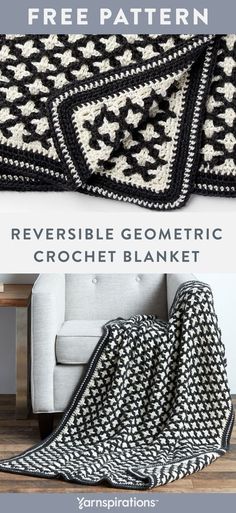 a crocheted blanket with the text free pattern reversible geometric crochet blanket