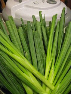 green onions and celery in a bowl next to a blender on a table