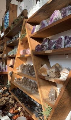 shelves filled with different types of crystals and rocks