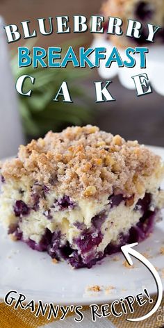 blueberry breakfast cake on a white plate with crumbled topping and text overlay