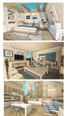 three different views of a bedroom with blue and white furniture, including a large bed