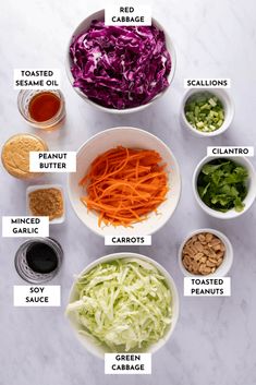 the ingredients for cabbage salad in bowls on a marble counter top, labeled with their names