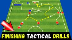 a screenshot of a soccer game with the words finishing attacking drills in red and blue