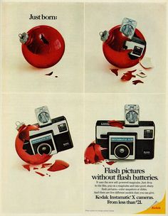 an advertisement for a red camera with the words flash pictures without flash batteries