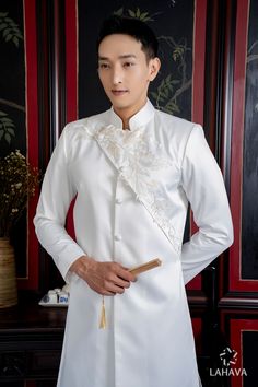 Brand new and high-quality Vietnamese traditional Ao Dai This set includes the Ao Dai and shipping with no pants for men Men Ao Dai, Pants For Men, Embroidery Lace, Modern Man, White Lace, Mens Pants, White Shorts, Wedding Dresses, For Men