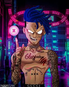 a man with blue hair and tattoos holding a pink ball in front of neon lights