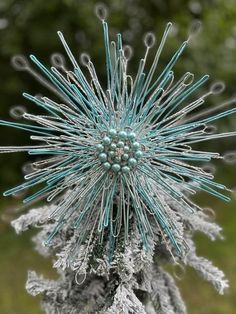 a close up of a plant with snow flakes on it