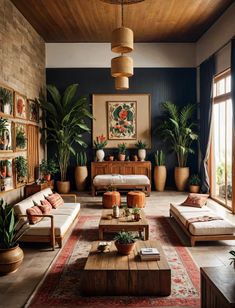 a living room filled with lots of furniture and potted plants on top of them