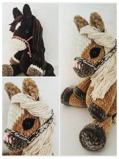 three pictures of a stuffed horse with rope around it's neck