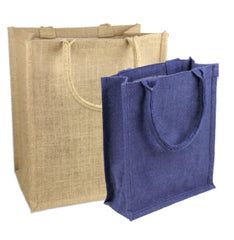 two jute bags, one blue and the other beige with handles are shown side by side