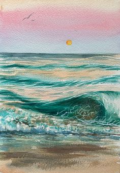 watercolor painting of ocean waves and sunset