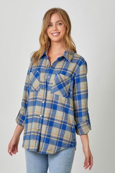 We love a good shacket - the meeting of a jacket and sweatshirt. This blue mix plaid shacket from mystree is a perfect essential for fall. It's Shacket Season! Weekend Outfit, Plaid Flannel Shirt, Plaid Design, Jacket Buttons