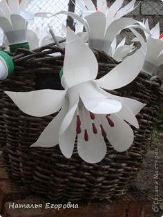 a basket filled with white flowers sitting on top of a wooden table