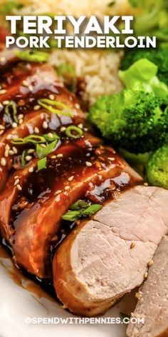 teriyaki pork tenderloin on a plate with broccoli