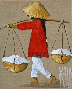 a painting of a woman carrying two baskets on her shoulders