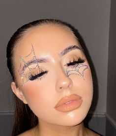 Gem Makeup Looks Halloween, Rhinestone Vampire Makeup, Halloween Makeup Looks With Rhinestones, Rhinestone Spider Web Makeup, Rhinestone Eye Makeup Halloween, Halloween Makeup Designs, Gemstone Halloween Makeup, Bling Halloween Makeup, Gem Halloween Makeup