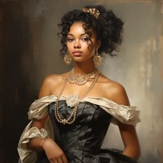 a painting of a woman in a black dress with pearls on her neck and necklace