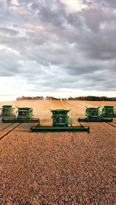 four green farm machinery in a large field with cloudy skies above it and two rows of cropers on the other side